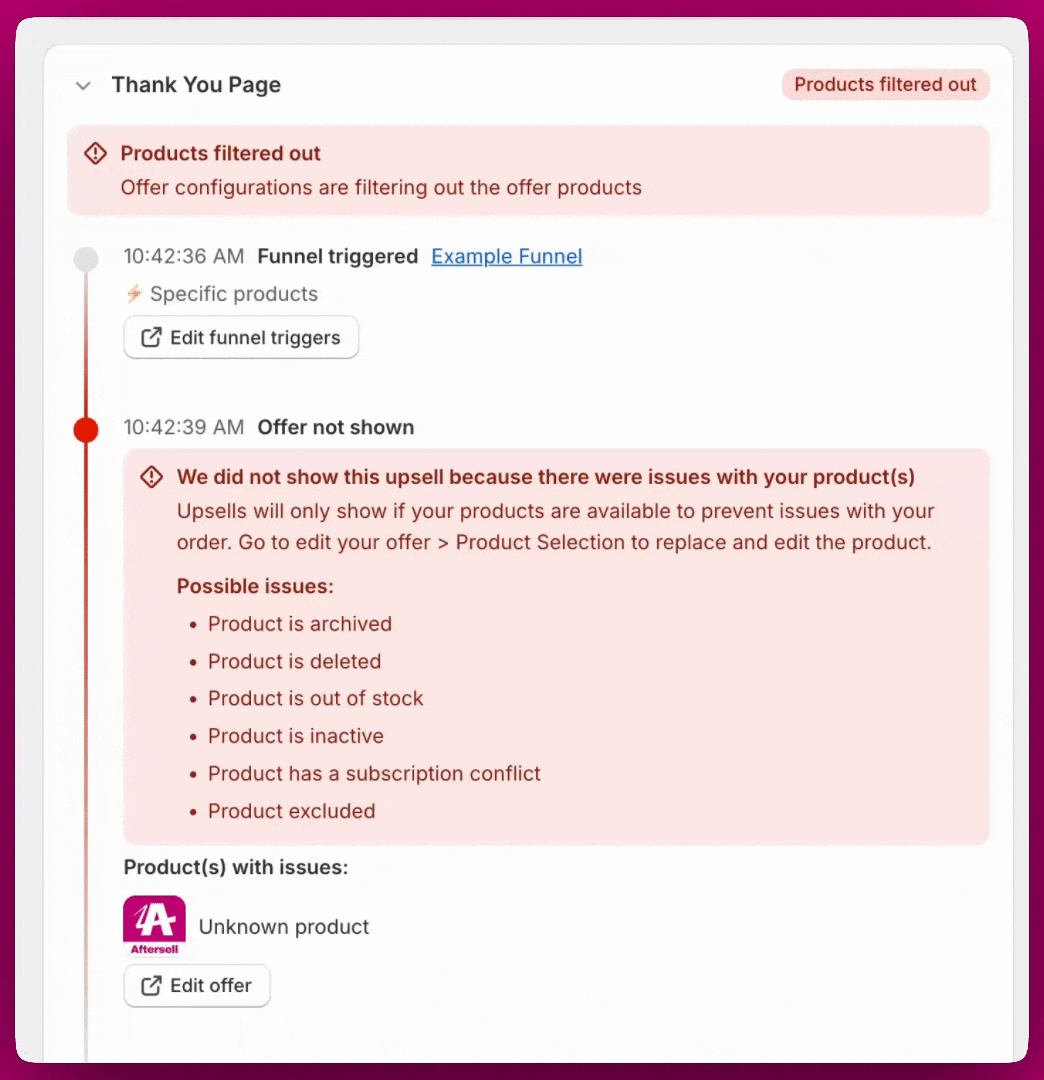 Thank You Page order detail showing Products filtered out and offer product issues