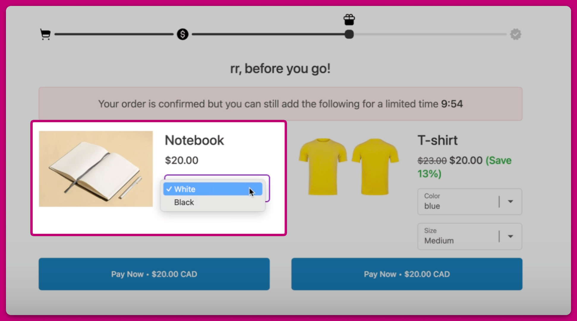 Post-purchase page with the Notebook colour dropdown listing only White and Black