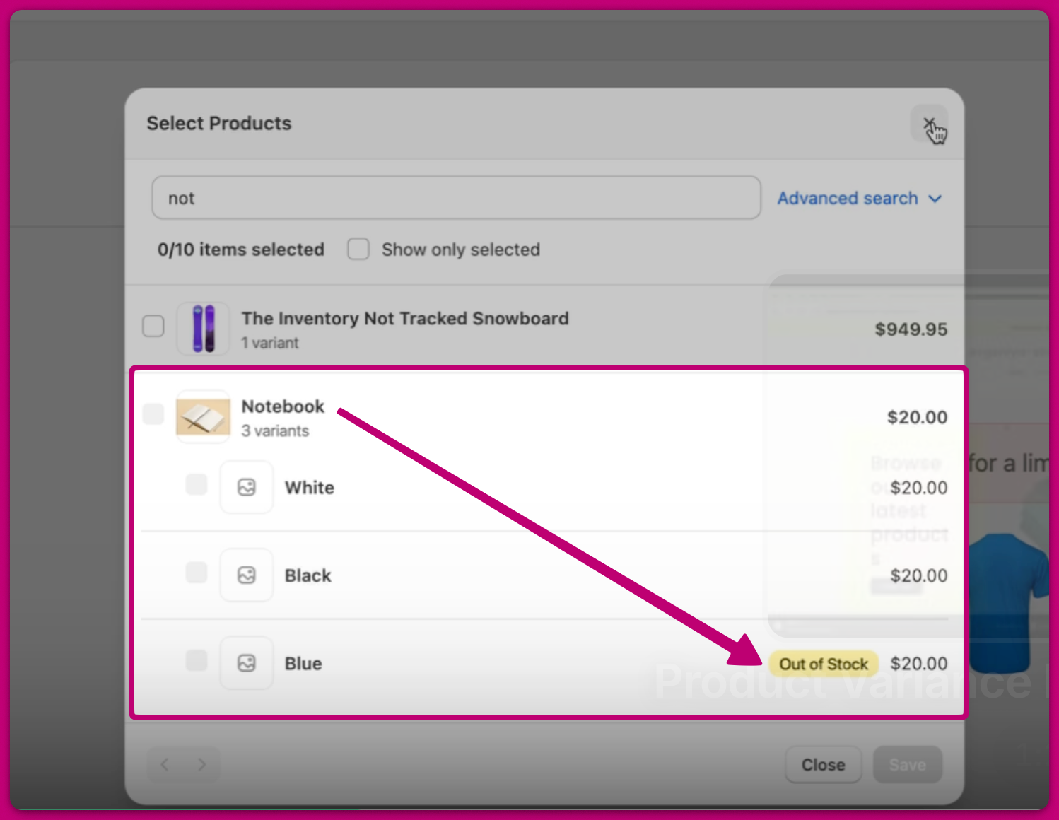 Select Products dialog showing the Notebook Blue variant marked Out of Stock
