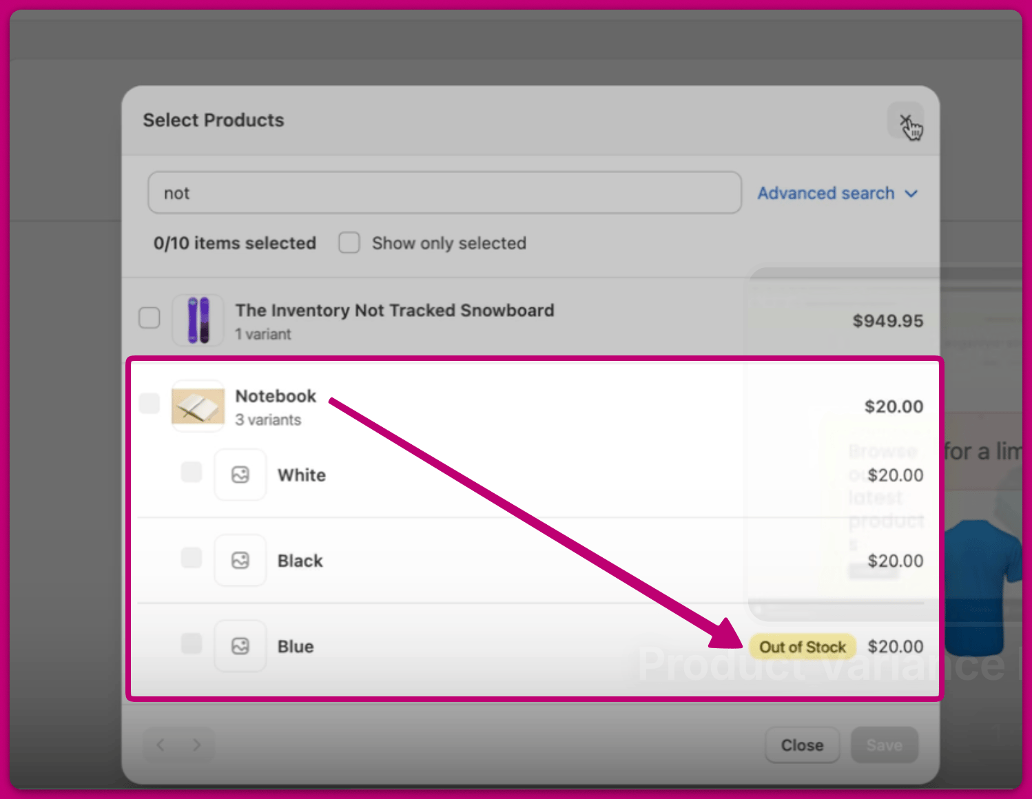 Select Products dialog showing the Notebook Blue variant marked Out of Stock