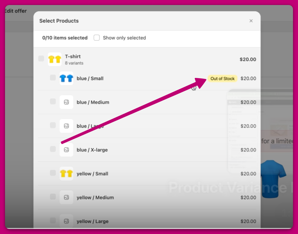 Select Products dialog showing the T-shirt blue Small variant marked Out of Stock