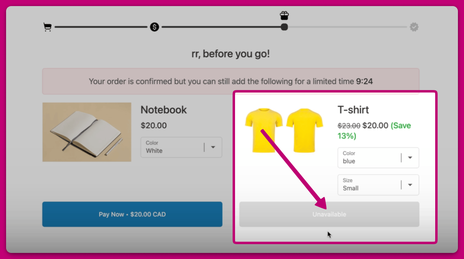 Post-purchase T-shirt offer with an out-of-stock variant showing an Unavailable button