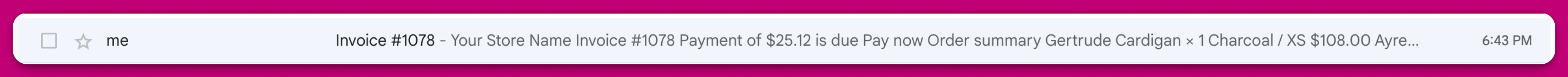 Shopify invoice email in the inbox requesting payment of the outstanding amount