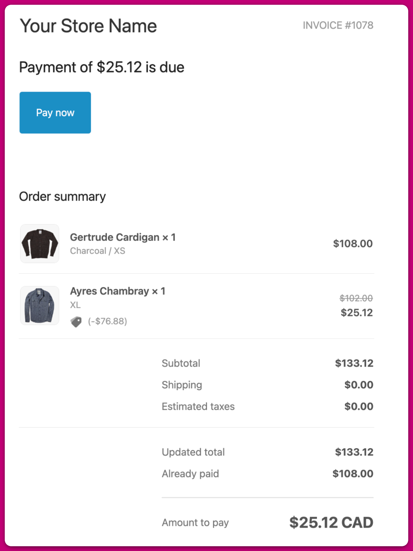 Shopify invoice page showing the amount due, Pay now button, and order summary