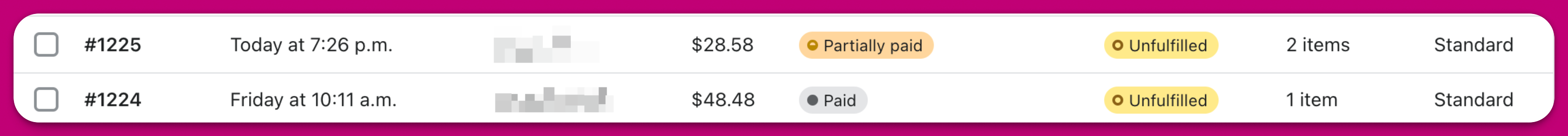 Shopify orders list showing one order marked Partially paid and another marked Paid