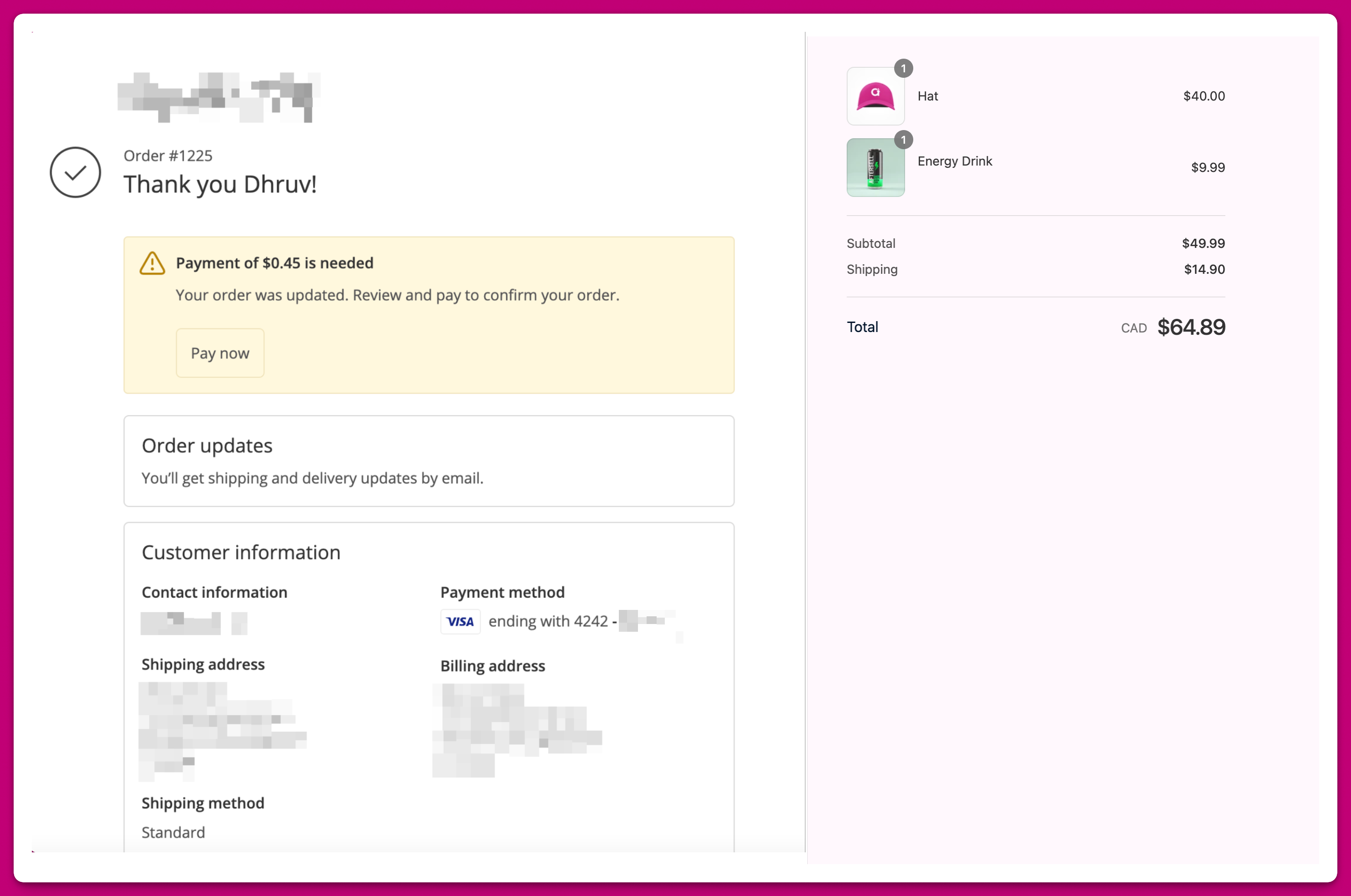Order confirmation page with a payment needed banner and Pay now button