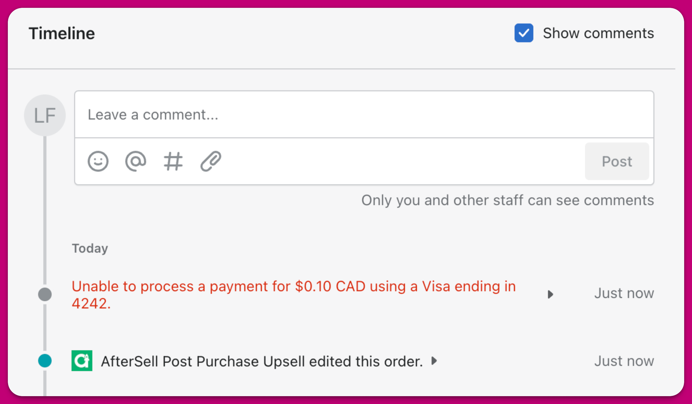 Order timeline showing a failed payment attempt below the AfterSell order edit entry