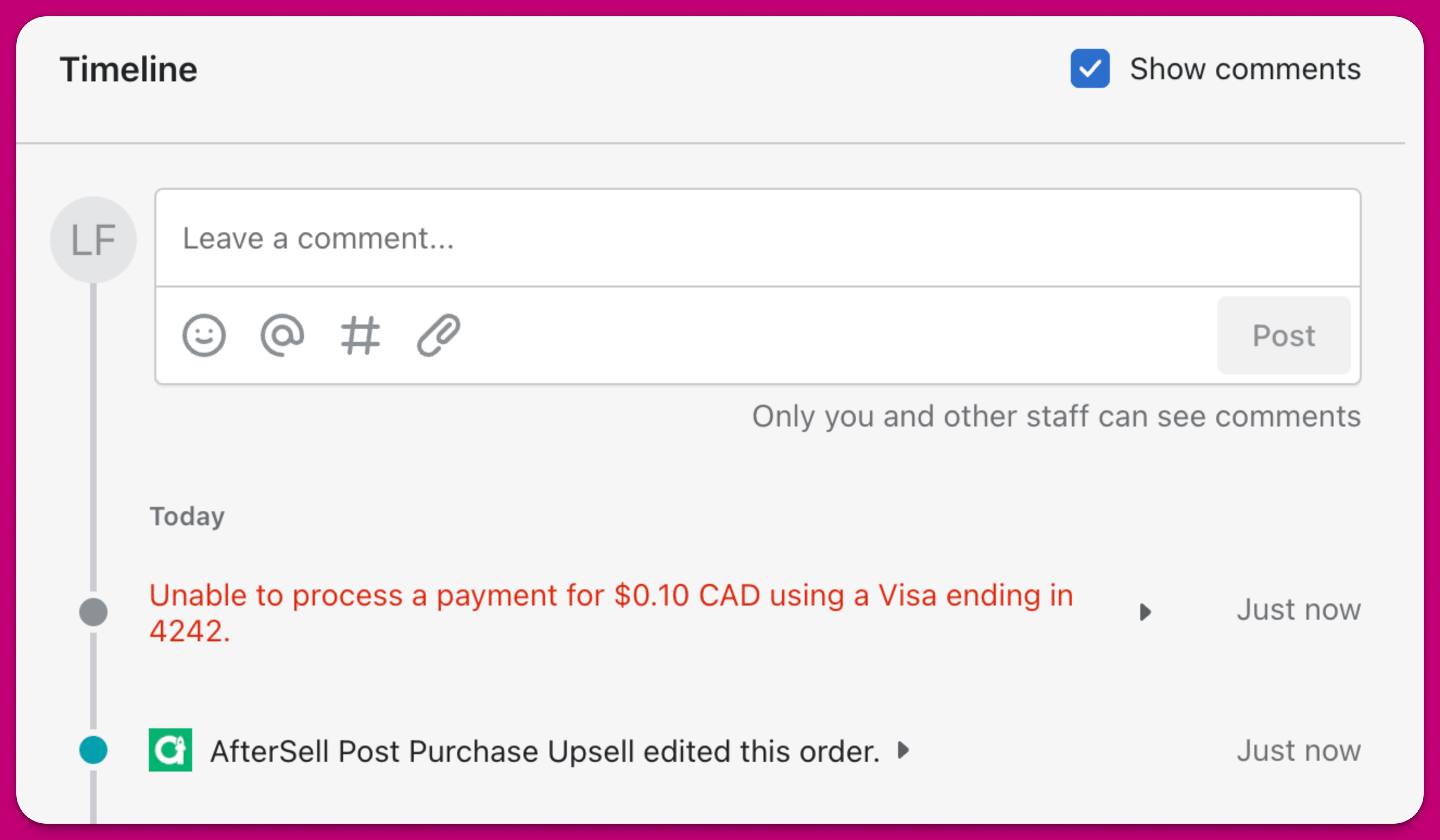 Order timeline showing a failed payment attempt below the AfterSell order edit entry