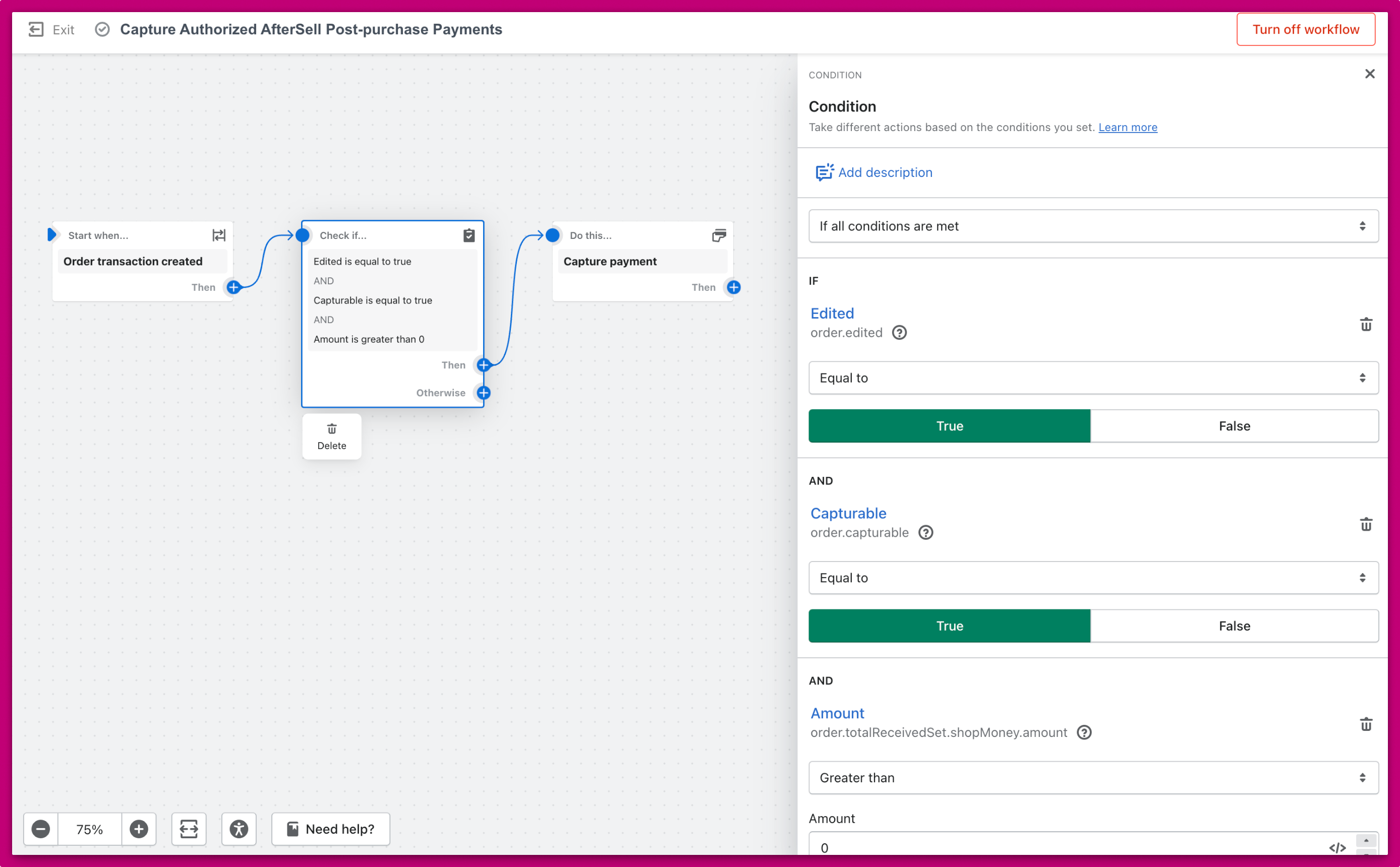 Shopify Flow with an order transaction trigger, conditions, and capture payment action