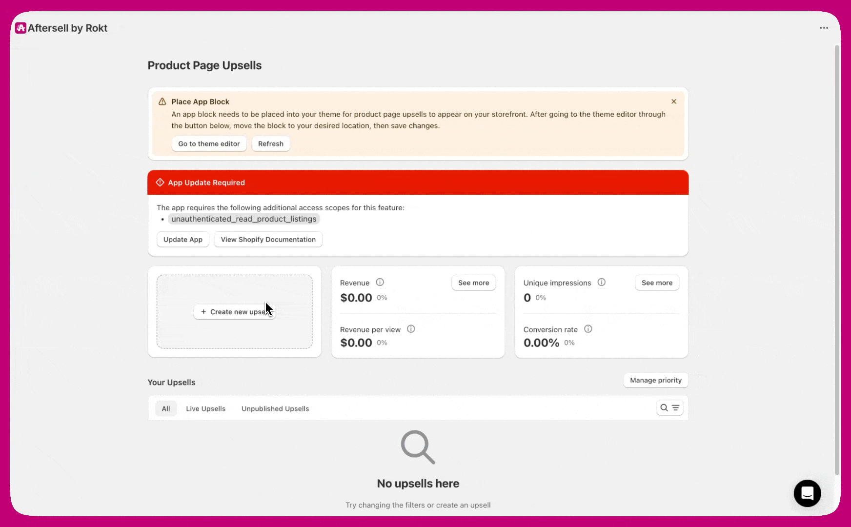 Aftersell New Product Page Upsell editor Configure tab with triggers, products, and discount options