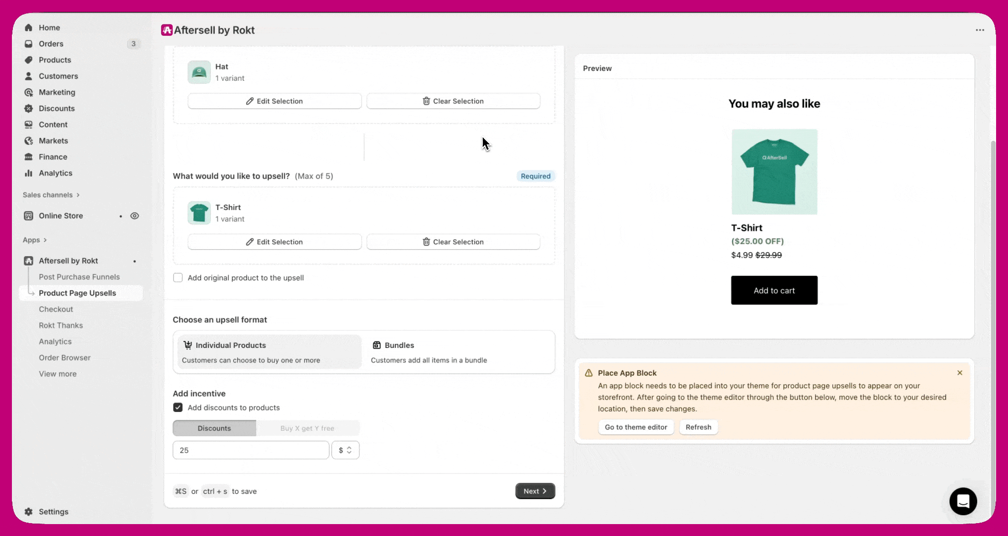 Shopify Theme Editor with the Aftersell PDP Upsell app block placed showing a product page preview