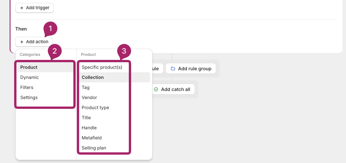 Action category menu listing Product, Dynamic, Filters, and Settings sources