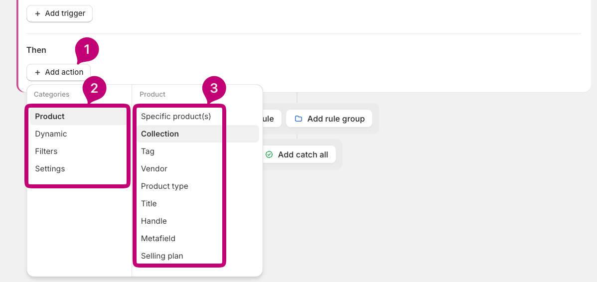 Action category menu listing Product, Dynamic, Filters, and Settings sources