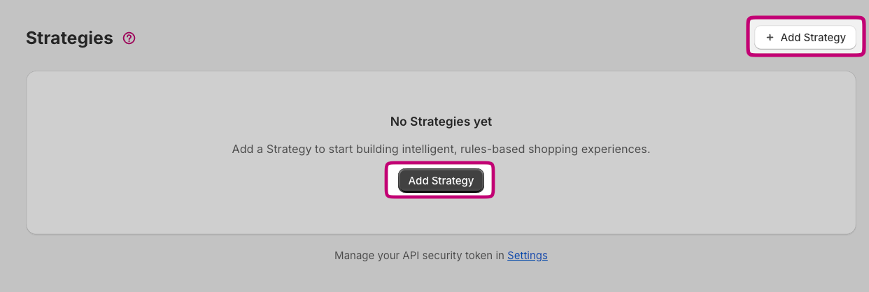 Strategies page empty state with the Add Strategy button highlighted