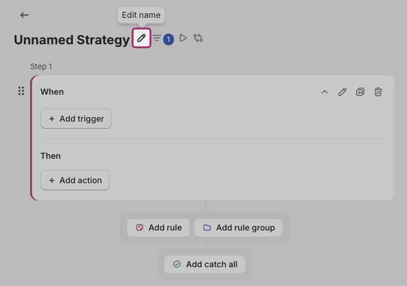 Strategy editor with the Edit name pencil icon highlighted