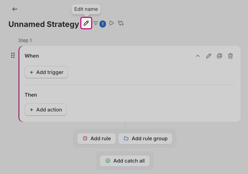 Strategy editor with the Edit name pencil icon highlighted