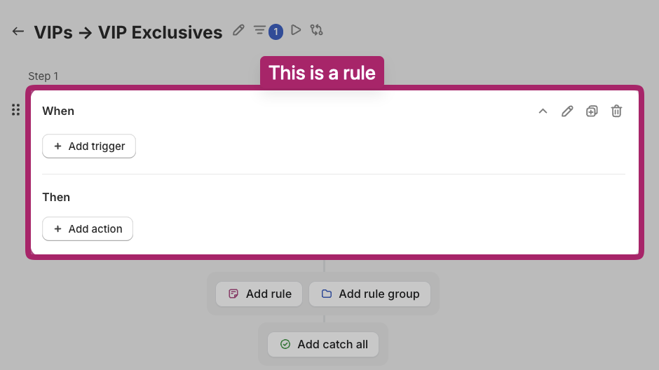 Strategy editor highlighting a rule with its When and Then sections