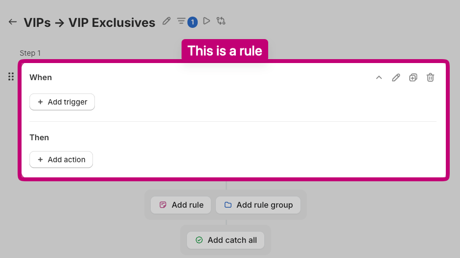 Strategy editor highlighting a rule with its When and Then sections