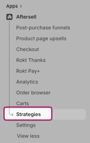 Aftersell left sidebar with the Strategies menu item highlighted