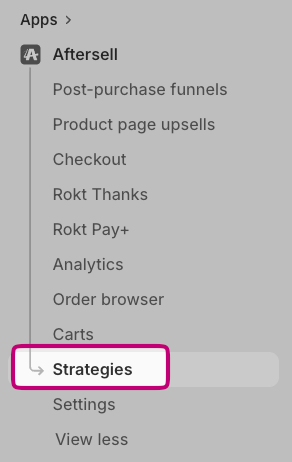 Aftersell left sidebar with the Strategies menu item highlighted