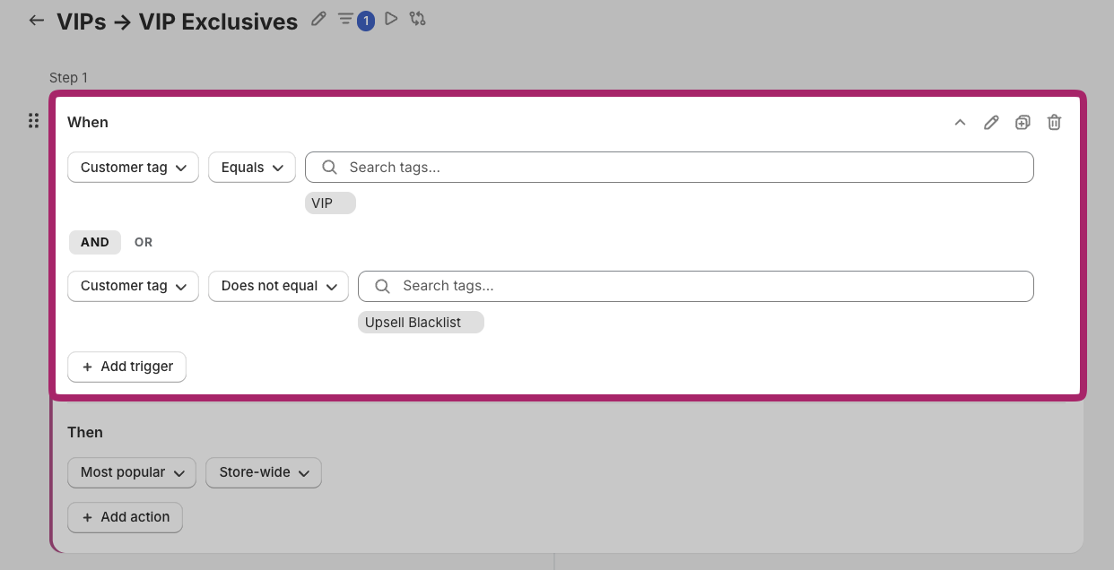 Rule with two customer tag triggers combined by an AND operator
