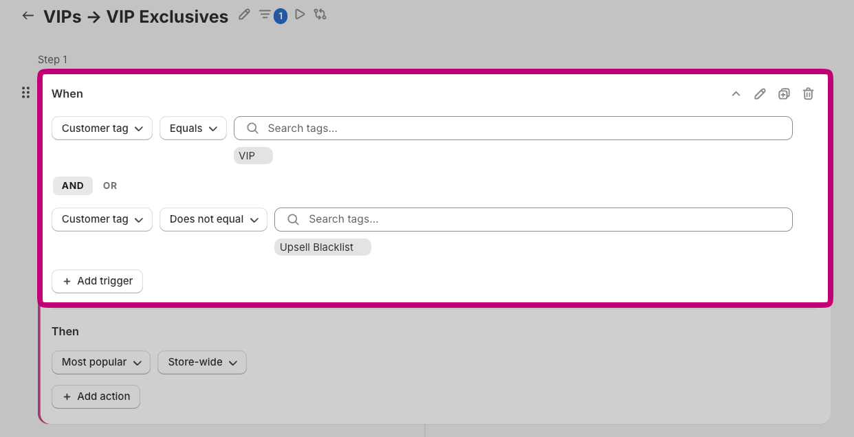 Rule with two customer tag triggers combined by an AND operator