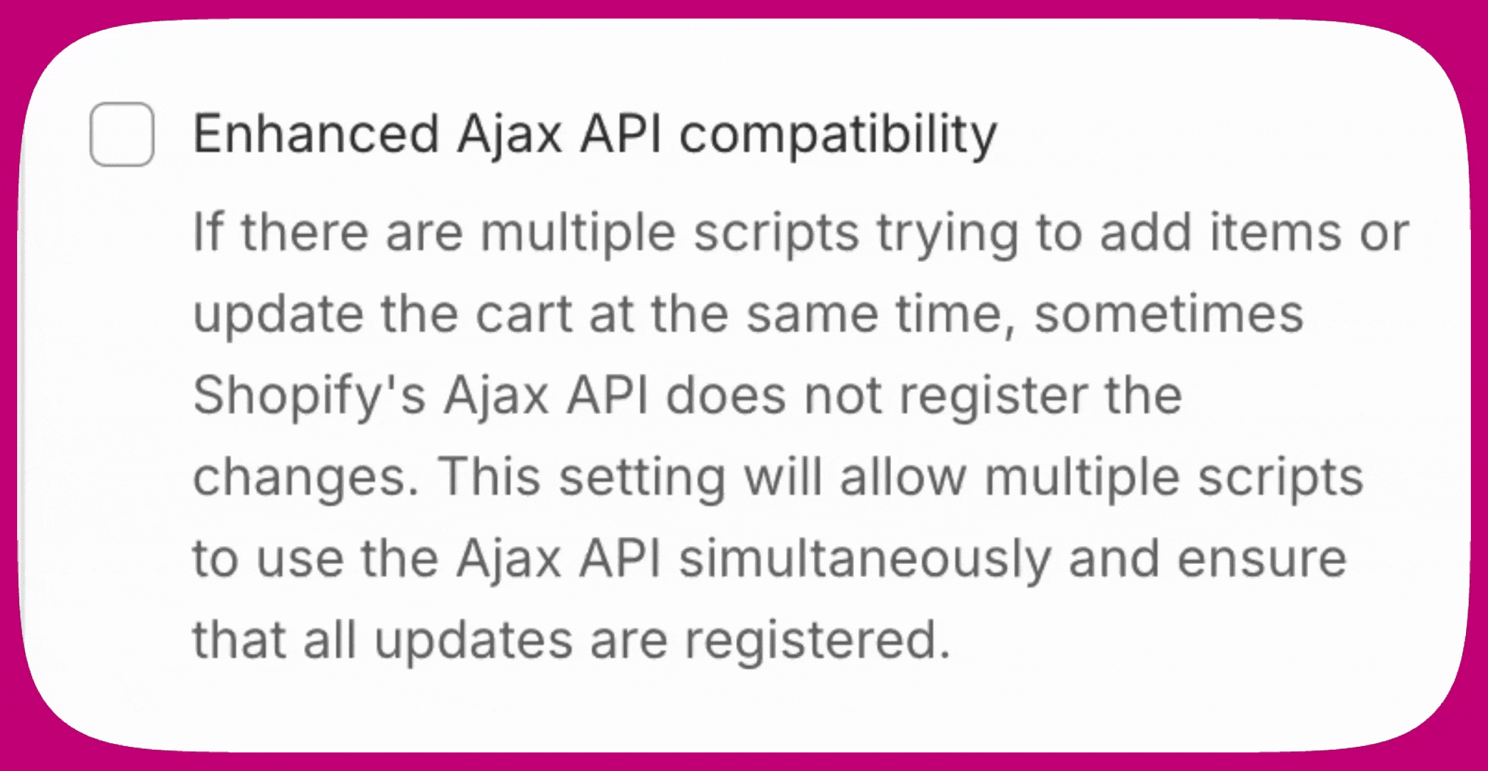 The Enhanced Ajax API compatibility setting and its description in Upcart