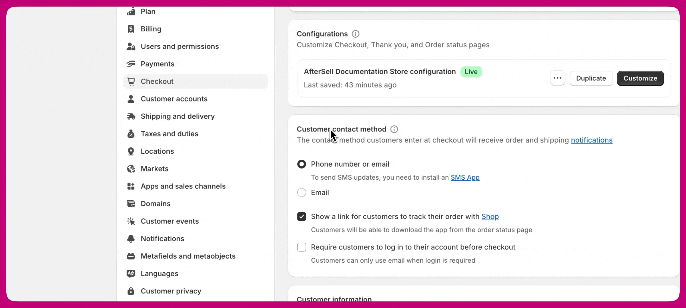 Opening the Shopify Settings Checkout page and its branding customization editor