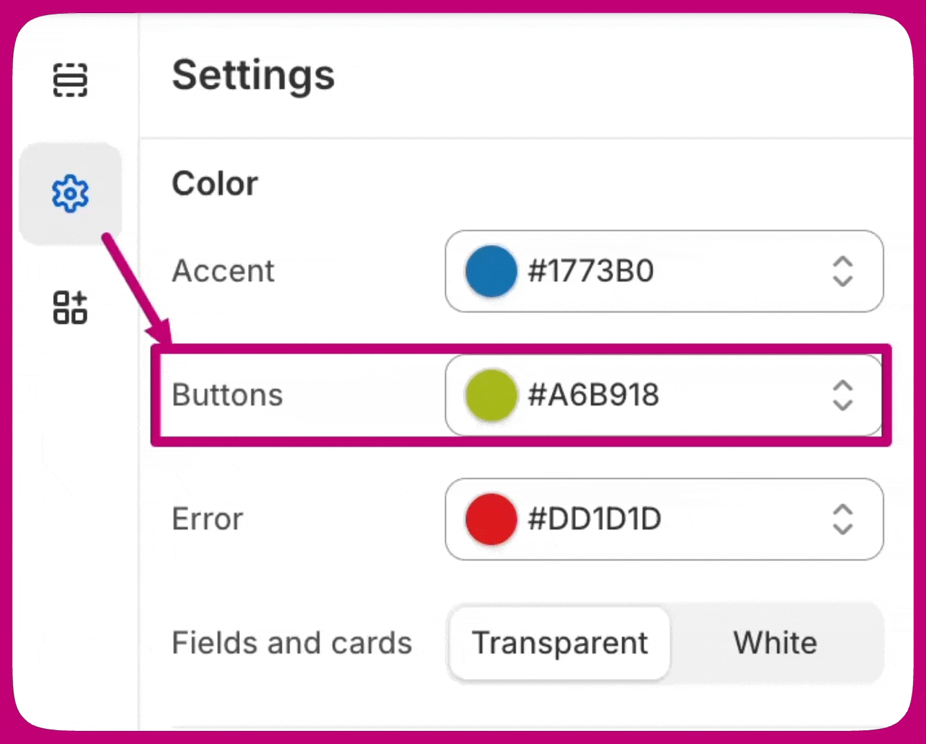 Checkout editor Settings panel with the Buttons colour field highlighted