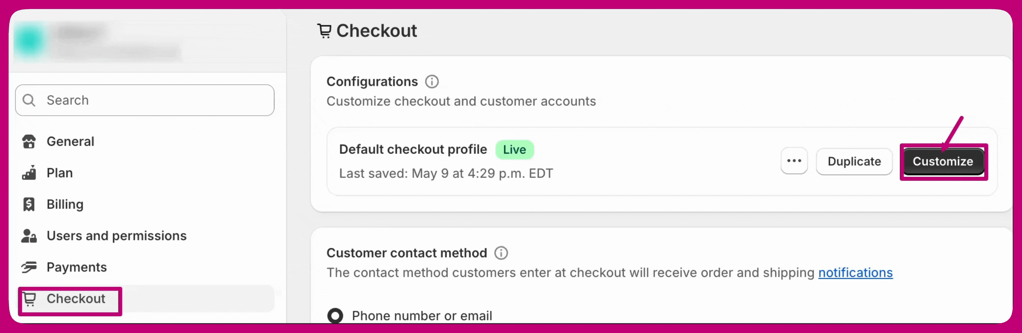 Shopify Checkout settings with the Customize button on the live checkout profile highlighted