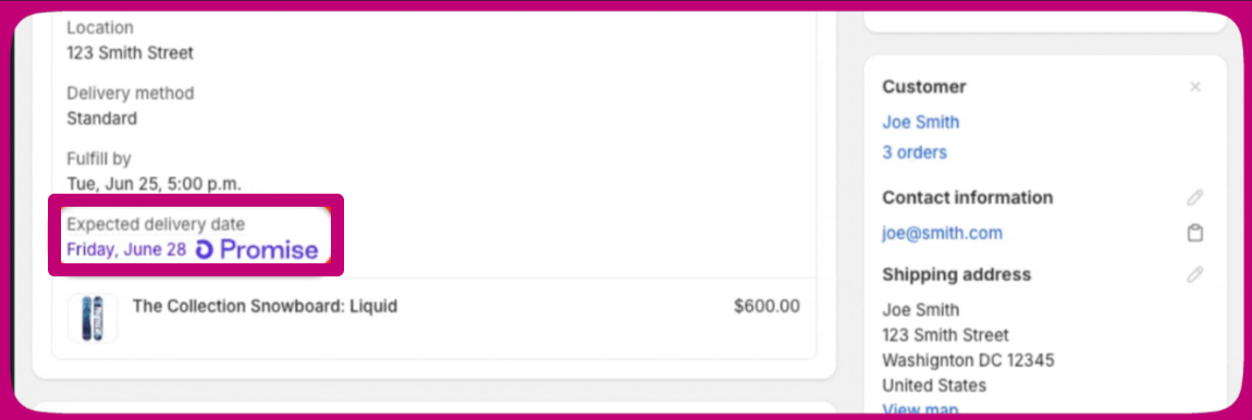 Shopify order details highlighting the Shop Promise badge on the expected delivery date