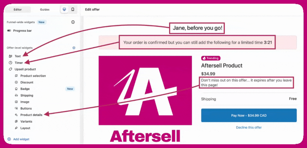 Funnel offer editor with arrows mapping Text, Timer, and Product details widgets to the offer preview