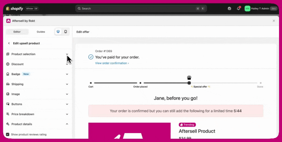 Aftersell offer editor showing the Edit upsell product panel beside a live offer preview