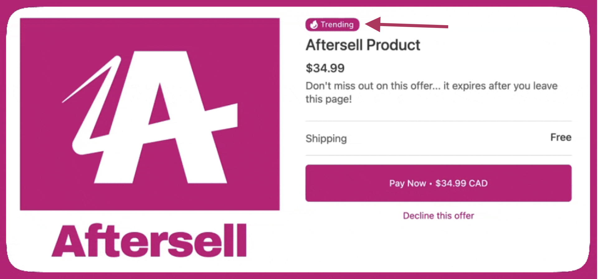 Post-purchase offer showing a Trending badge above the product title