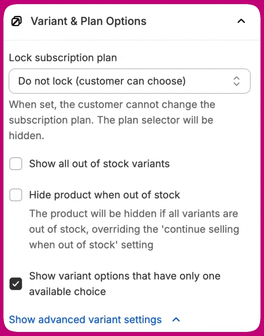 Variant and Plan Options panel with the Lock subscription plan dropdown