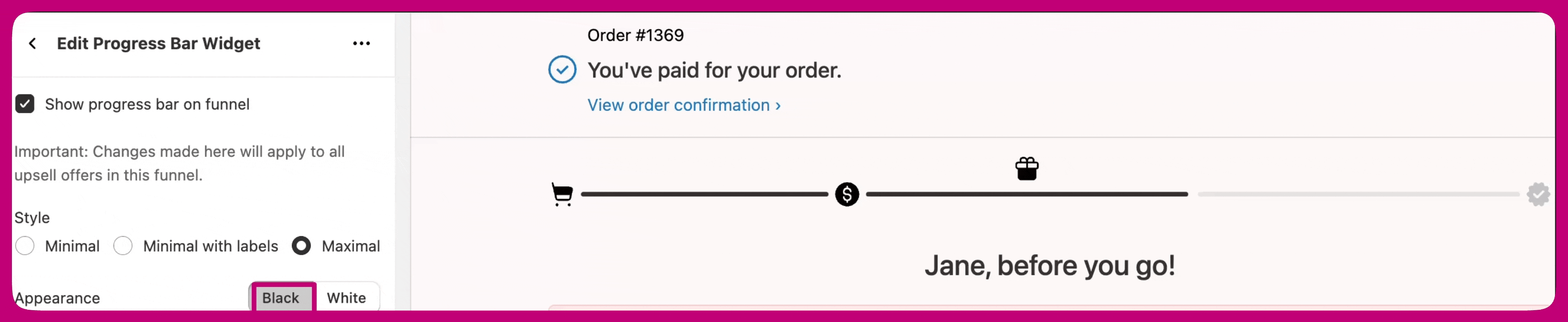 Black appearance progress bar displayed above the upsell offer preview