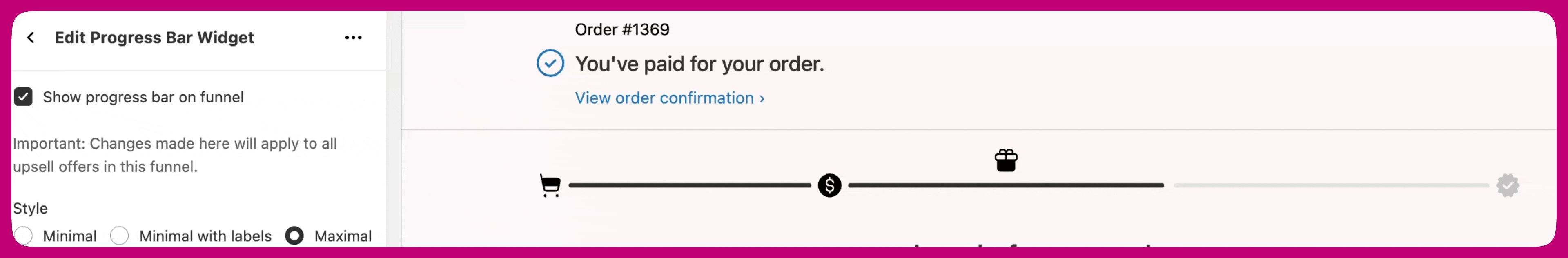Maximal style progress bar with cart, dollar, gift, and checkmark milestone icons