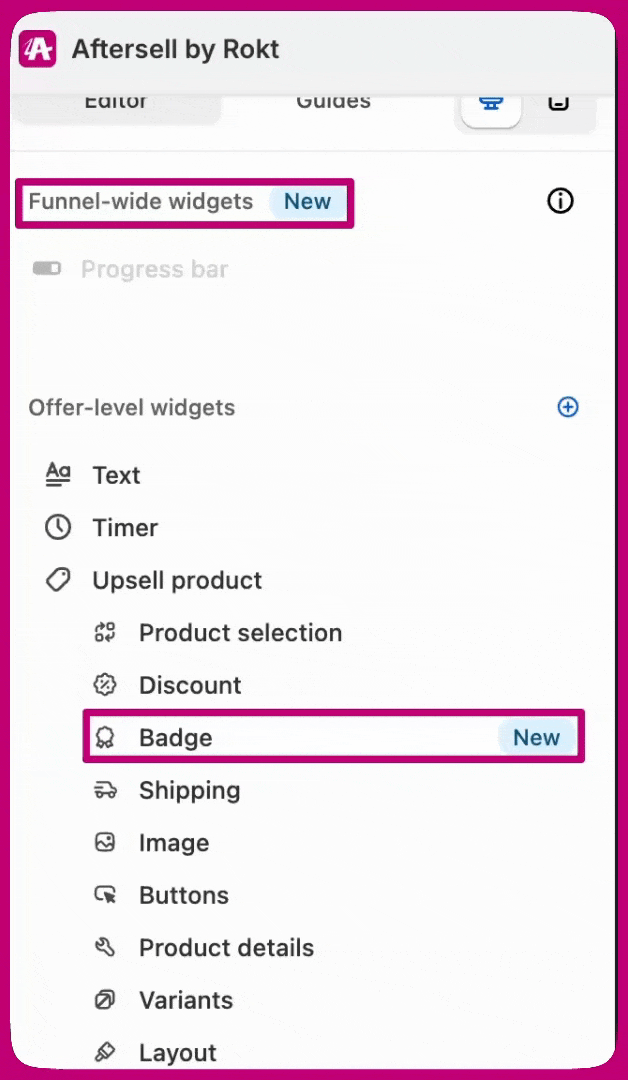 Upsell editor sidebar highlighting the Funnel-wide widgets progress bar and the new Badge widget