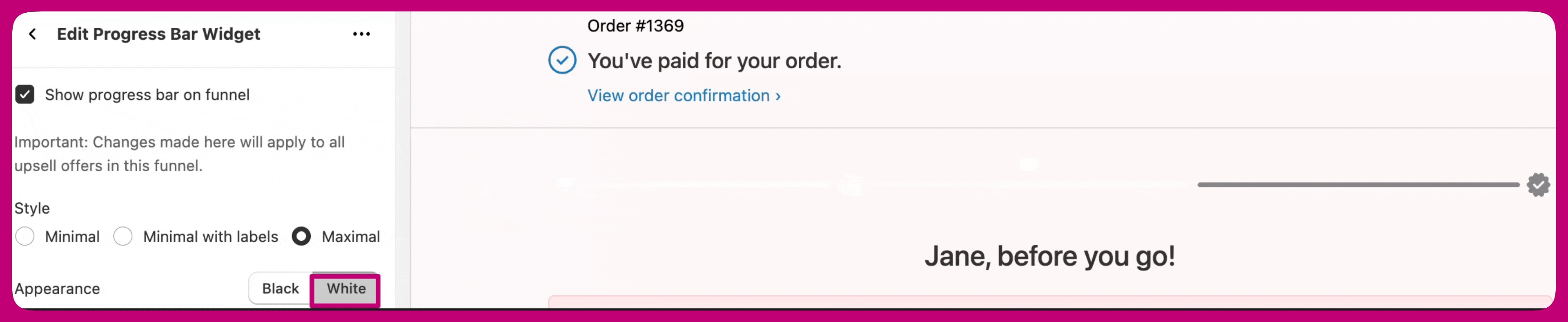 White appearance progress bar displayed above the upsell offer preview
