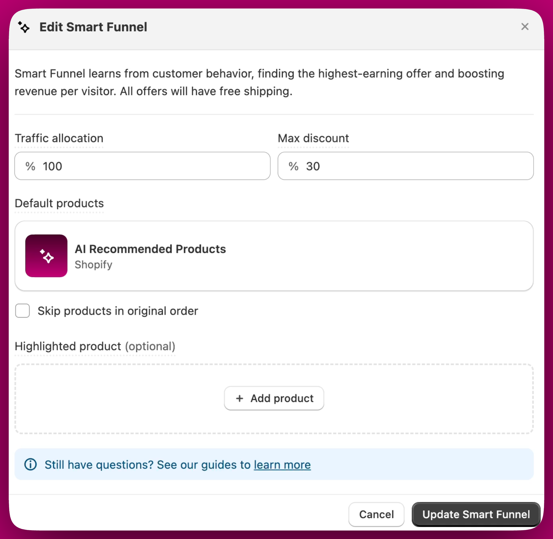 Edit Smart Funnel dialog with traffic allocation, max discount, and default product fields
