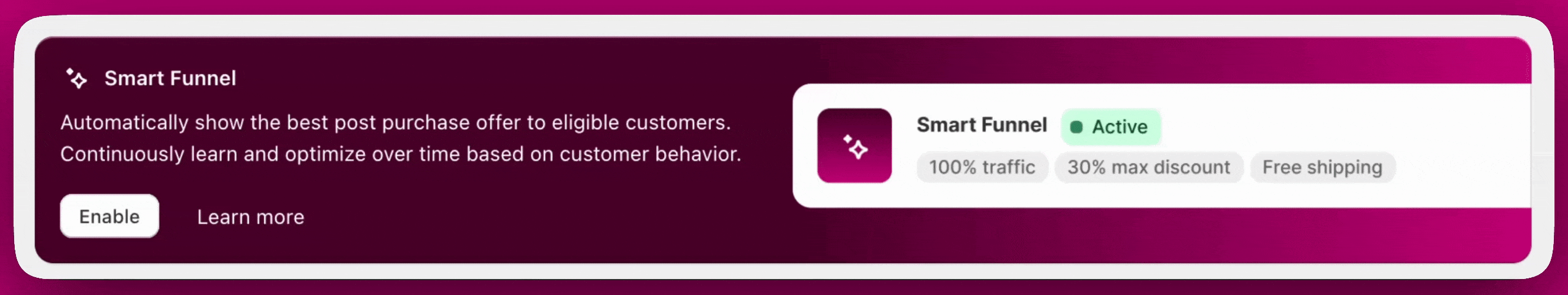 Smart Funnel panel with the Enable button and an active status showing traffic and discount