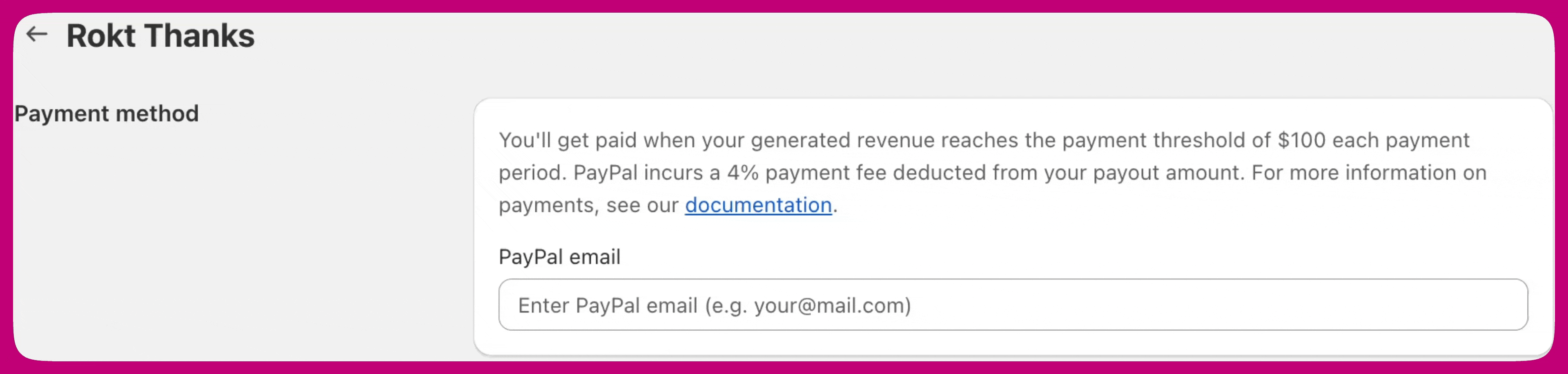 Rokt Thanks Payment method settings with the PayPal email input field
