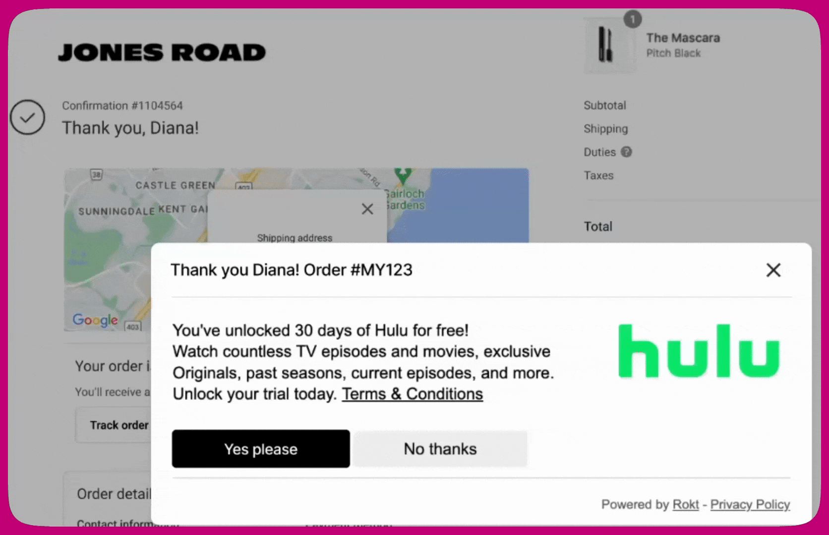 Rokt Thanks popup offering a free Hulu trial on a Jones Road order confirmation page