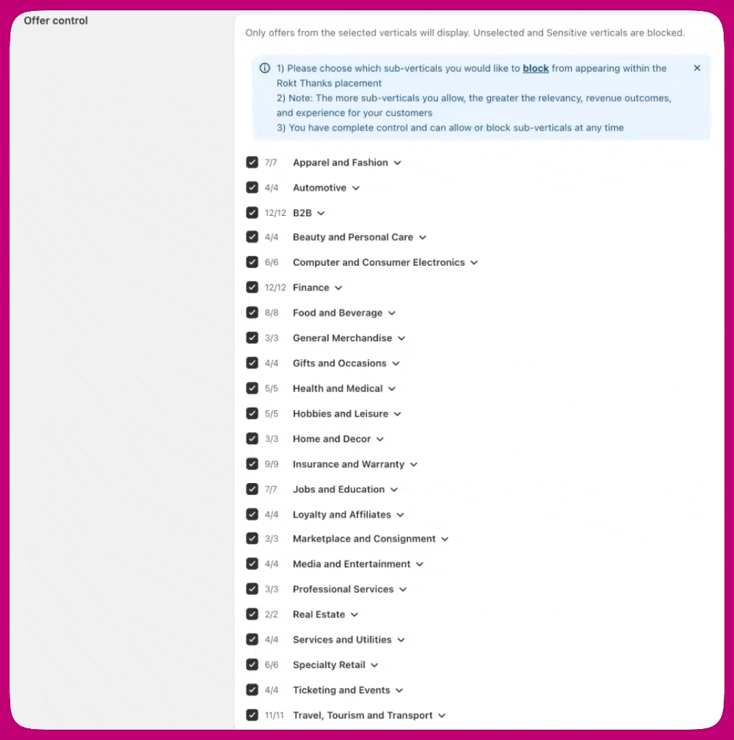 Offer control panel listing industry verticals with checkboxes to allow or block offers