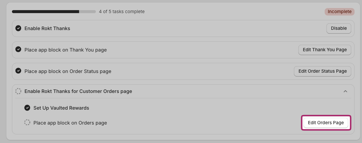 Rokt Thanks setup checklist at four of five tasks with the Edit Orders Page button highlighted
