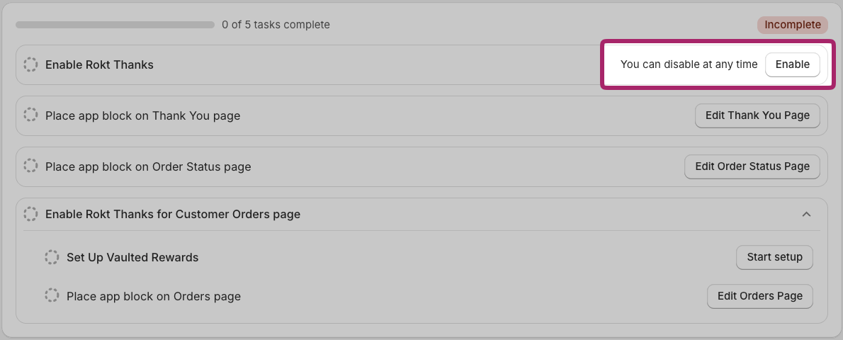 Rokt Thanks setup checklist with the Enable button highlighted