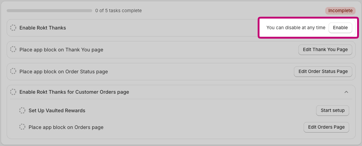 Lista de tareas de configuración de Rokt Thanks con el botón Enable resaltado