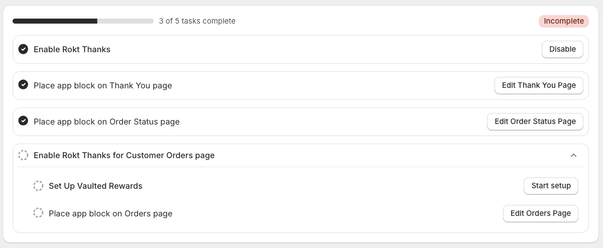 Rokt Thanks setup checklist showing the Thank You and Order Status page blocks placed