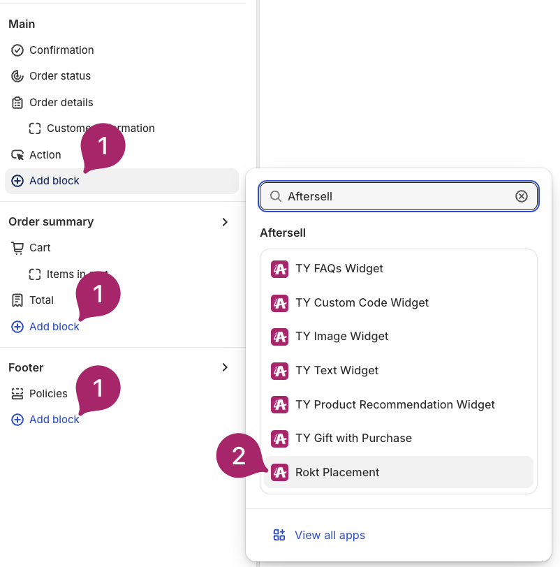 Shopify checkout editor Add block panel with Rokt Thanks selected from the Aftersell blocks