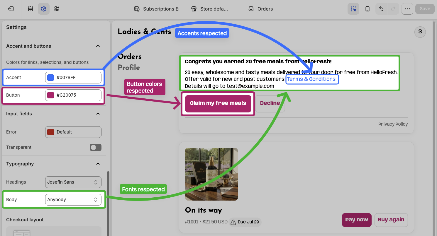 Shopify Checkout Editor accent, button, and typography settings with callouts showing the Rokt Thanks offer inheriting them